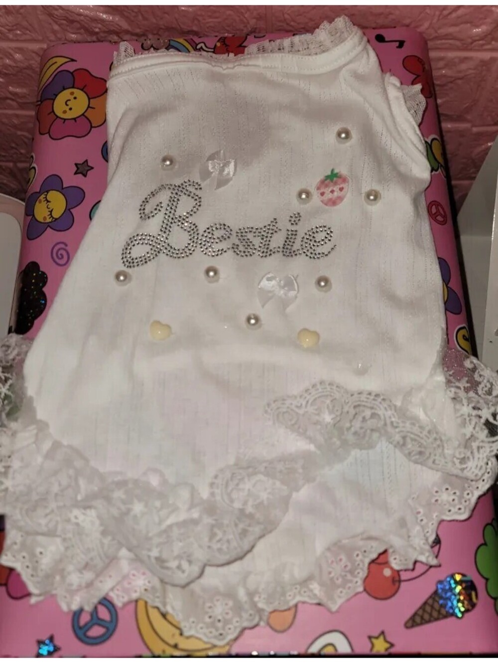 BESTIE RHINESTONE PET SHIRT LACE RUFFLE DOG DRESS WHITE PEARL EMBELLISHED XL